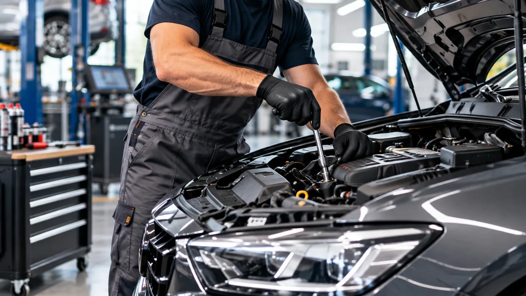Mechaniker mit Arbeitshandschuhen arbeitet mit der Ratsche am geöffneten Motorraum