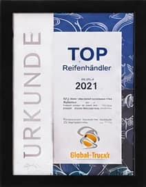 Urkunde Top-Reifenhändler 2021 von Global-Truck