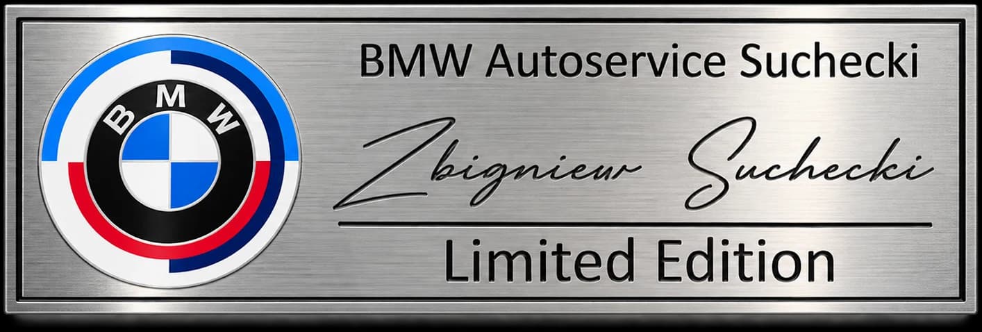 Metallschild „BMW Autoservice Suchecki – Limited Edition“ mit der Unterschrift von Zbigniew Suchecki