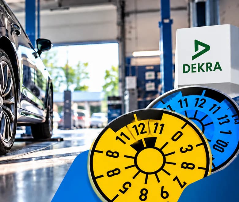 Auto in der Werkstatthalle, daneben das DEKRA-Schild und HU-Plaketten