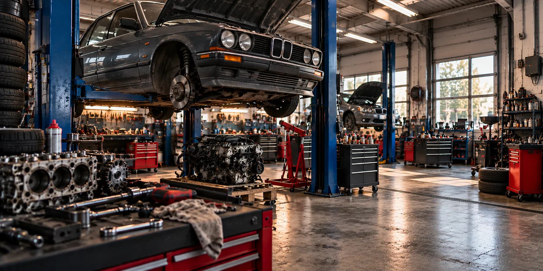Werkstatthalle mit einem Fahrzeug auf der Hebebühne und einem ausgebauten Motorblock