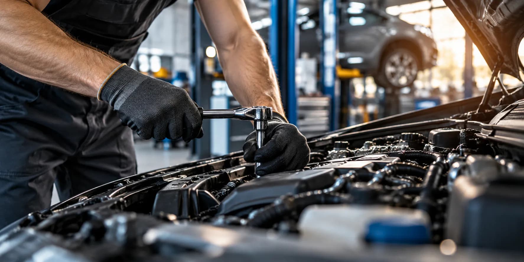 Hände in Arbeitshandschuhen setzen die Ratsche im Motorraum an